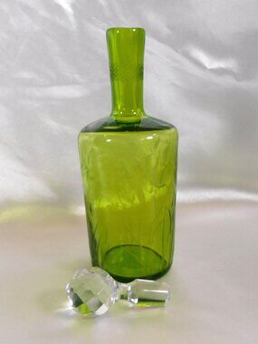 Etched Green Glass Decanter or Bottle # 25007